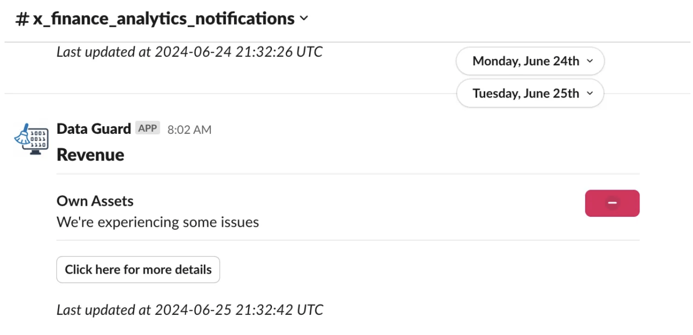 Example of data product quality notification.